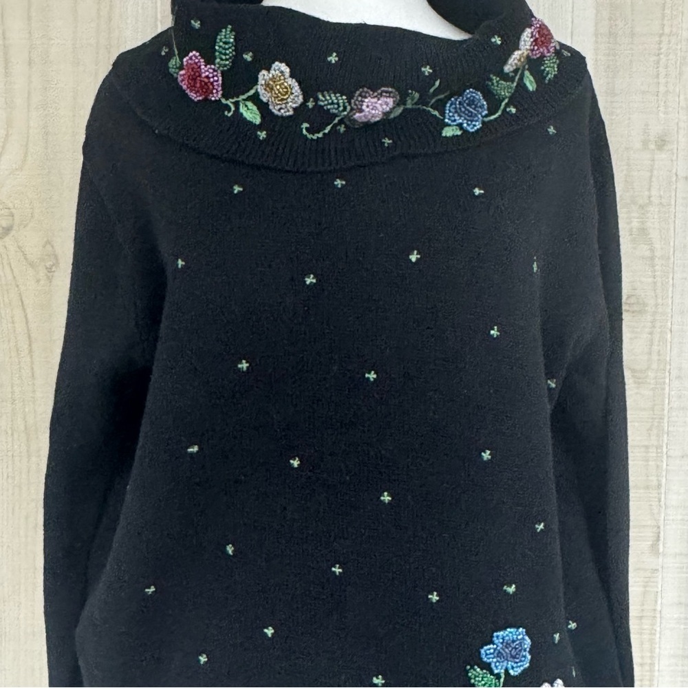 Vtg Victoria Jones Sweater Black Beaded Floral Cowl Neck Cottage Core Sz L